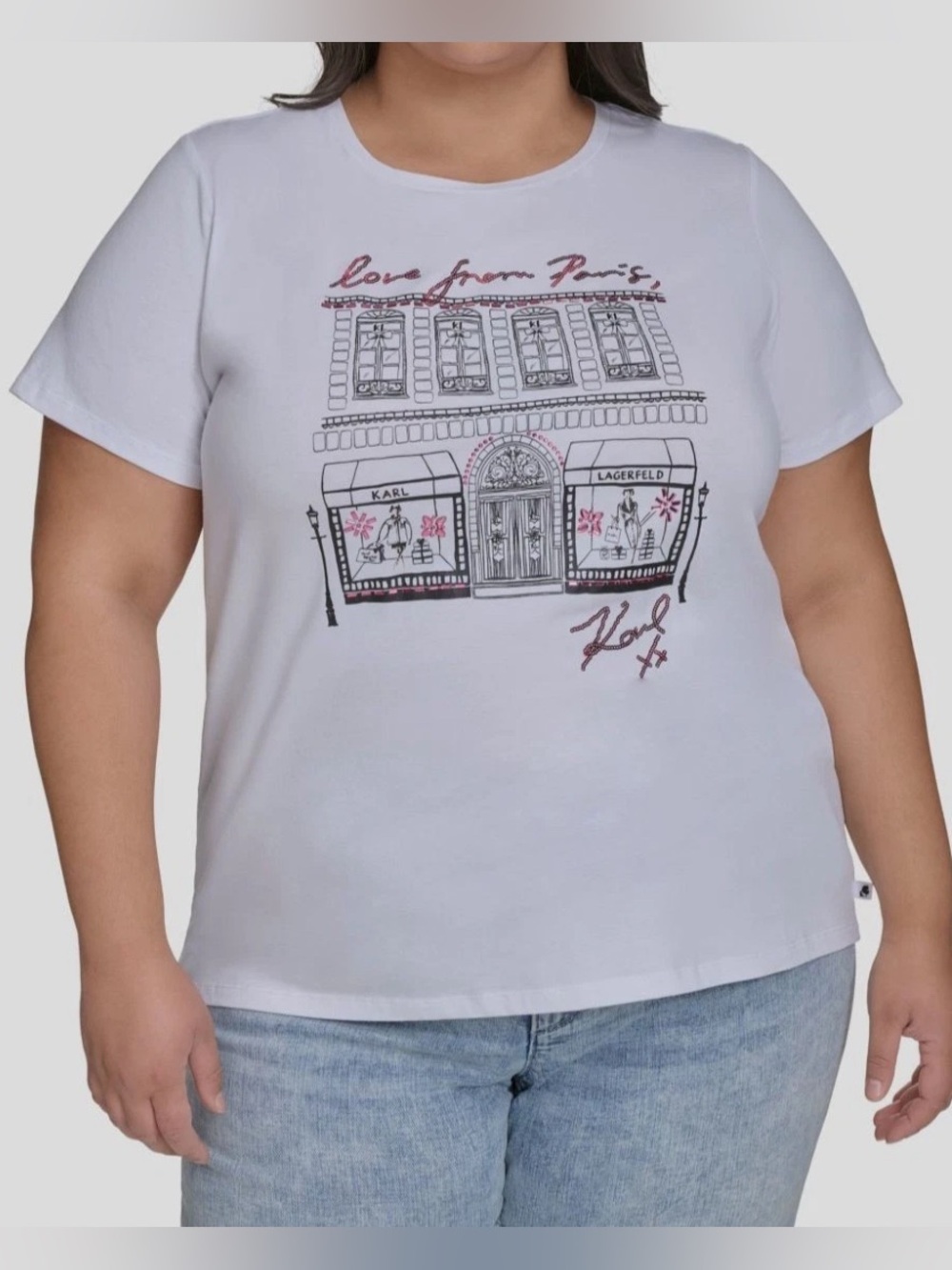 NWT Karl Lagerfeld Women’s White Graphic Paris Boutique Short-Sleeve Tee Size 1X